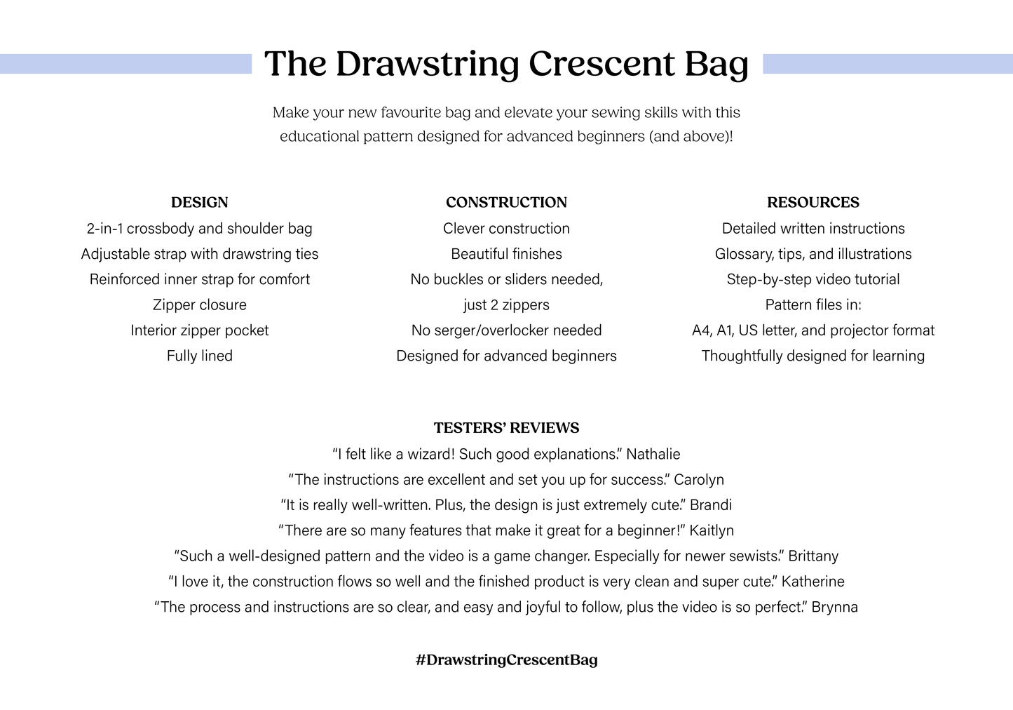 The Drawstring Crescent Bag | PDF Sewing Pattern + Video Tutorial | 2-in-1 Crossbody & Shoulder Bag